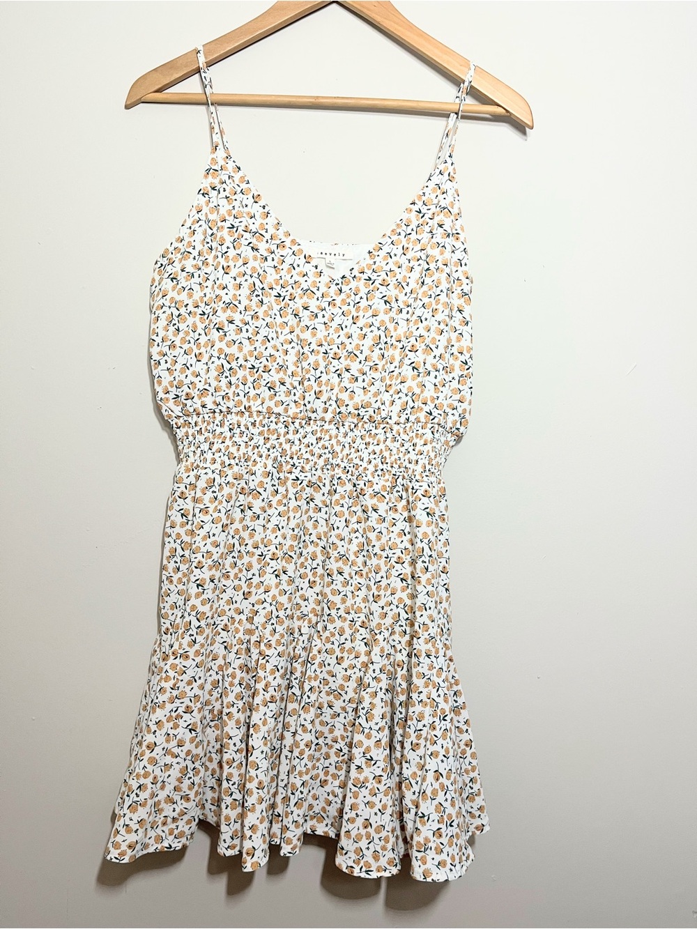 Floral Smocked Waist Spaghetti Strap Dress - White & Mustard